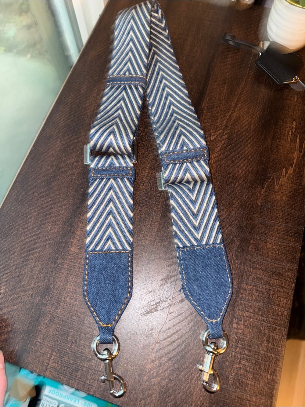 Marc jacobs Adjustable Blue Chevron Webbing Strap used on a denim bag